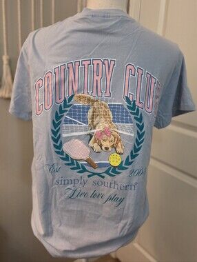 Simply Southern "Country Club" Light Blue Graphic Tee With Dog And Pickleball